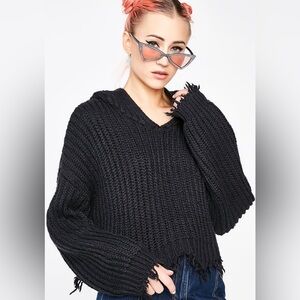 Skylar+Madison Hooded Cropped Distressed Sweater with Side Zipper Detail